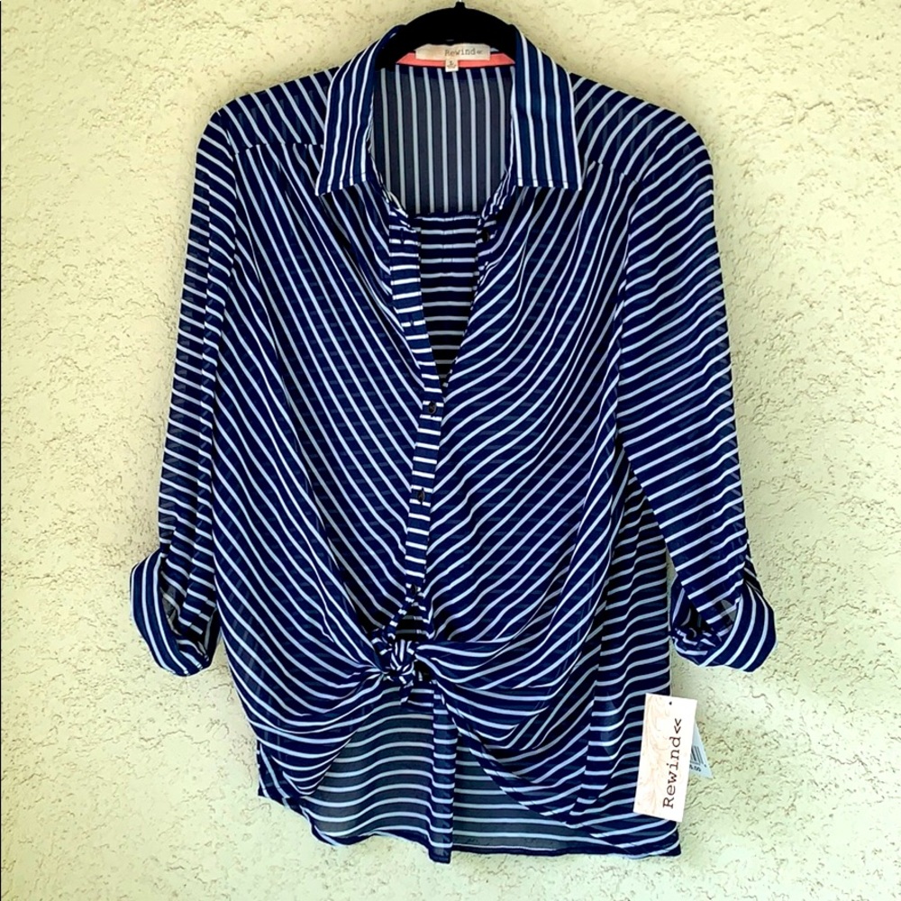 Button down, knotted striped sheer dress shirt NWT
